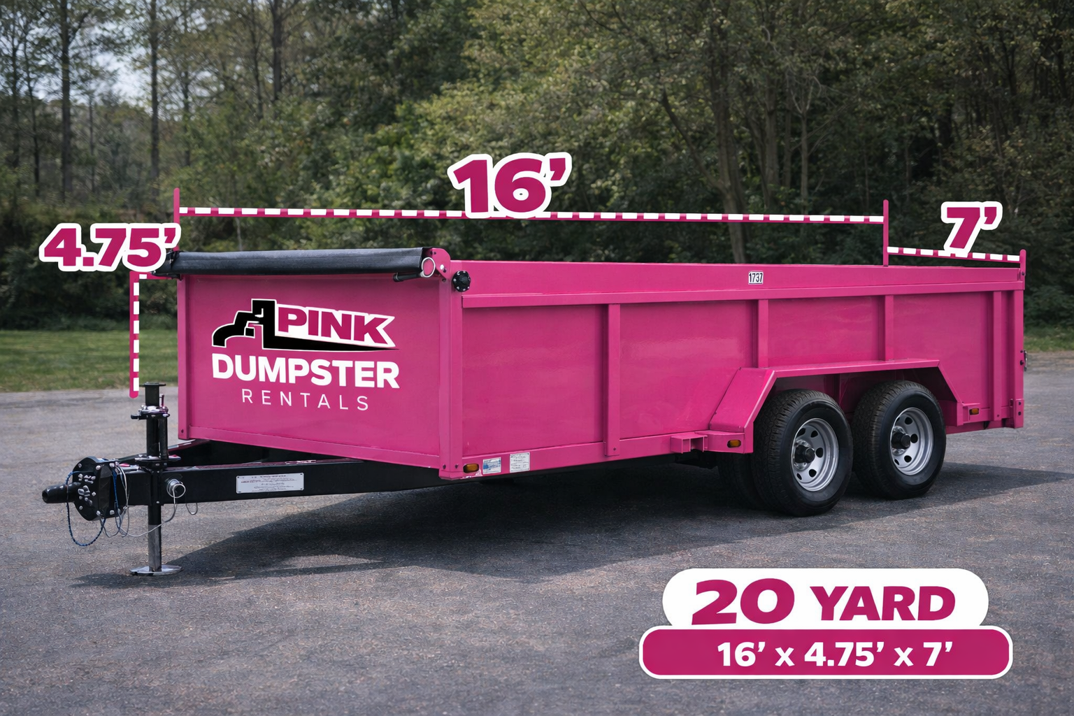 20 yard dumpster rental Elkhart IN — Pink Dumpster Co — 16ft x 7ft x 4.75ft