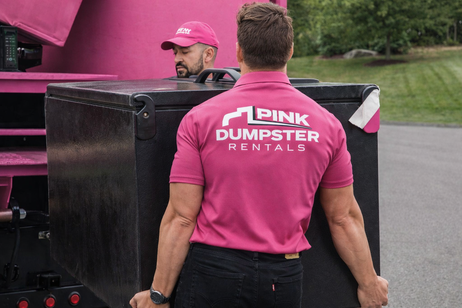 Professional Pink Dumpster Co team removing appliances in Elkhart, Indiana