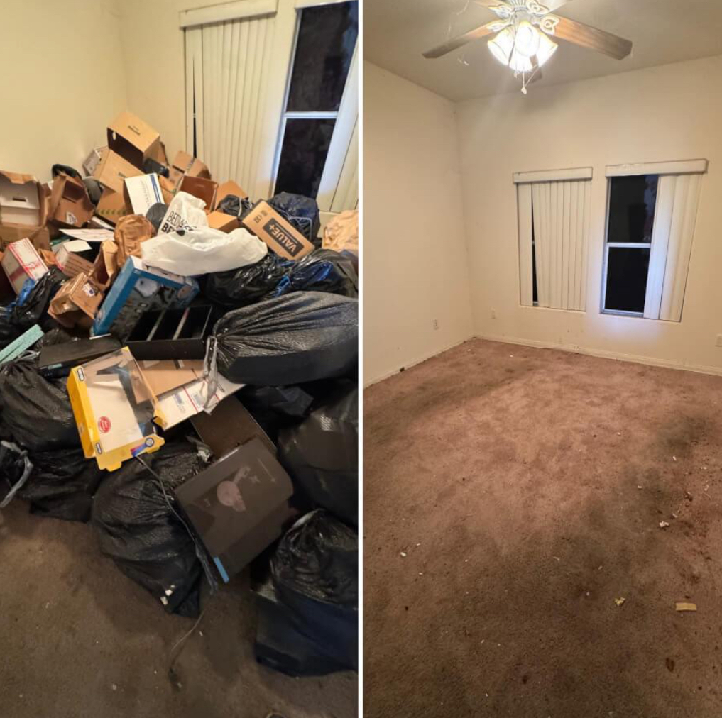 Before and after property cleanout - trash out services in Elkhart, Indiana. Left shows cluttered room with boxes and junk, right shows clean empty room ready for occupancy.
